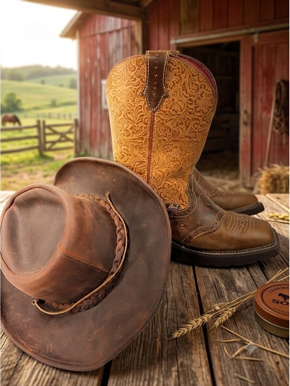 Country bundle -JUSTIN WOMEN'S STARLINA WESTERN BOOTS - BROAD SQUARE TOE 9 &Hat